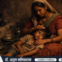 गरीब परिवार का बच्चा भूख से रोता हुआ, माँ उसके पास सहानुभूति दिखाती है, रात में घर का अंधेरा