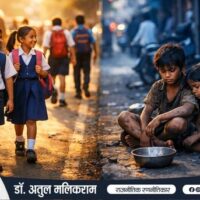 भारत की सड़क पर स्कूल जाते बच्चे और फुटपाथ पर बैठे गरीब बच्चे – बचपन के दो चेहरे का सामाजिक दृश्य