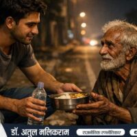 सड़क किनारे भूखे और असहाय बुज़ुर्ग की मदद करता युवक, रात के समय हल्की रोशनी में