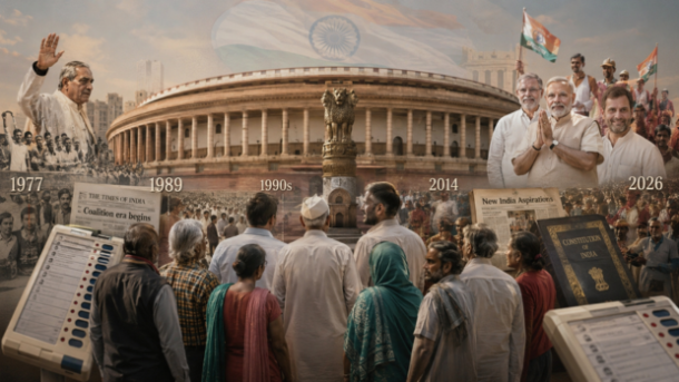 1977 से 2026 तक भारत की राजनीतिक विचारधारा में बदलाव दर्शाती तस्वीर