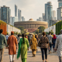 2047 के भारत में सामाजिक संतुलन और तिरंगे की सफेद पट्टी का प्रतीकात्मक चित्र