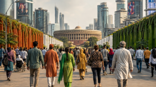 2047 के भारत में सामाजिक संतुलन और तिरंगे की सफेद पट्टी का प्रतीकात्मक चित्र