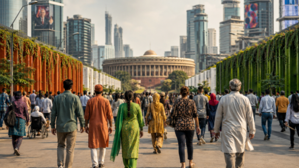 2047 के भारत में सामाजिक संतुलन और तिरंगे की सफेद पट्टी का प्रतीकात्मक चित्र