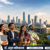 विकसित भारत 2047 और भारत के वैश्विक नेतृत्व को दर्शाता भविष्यवादी संपादकीय दृश्य