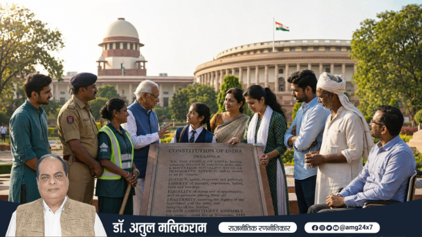 77वें गणतंत्र दिवस के बाद संवैधानिक अधिकार और नागरिक जिम्मेदारी पर आधारित भारतीय लोकतंत्र का संपादकीय दृश्य