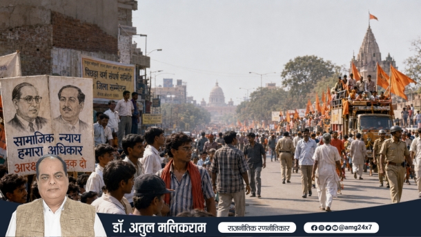 मंडल बनाम कमंडल की राजनीति और भारत के बदलते राजनीतिक भूगोल को दर्शाता दृश्य